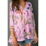 Camisas estampadas lila de poliester de verano tallas grandes manga larga con escote V bohemias floreadas con motivo de flores talla 3XL para mujer 