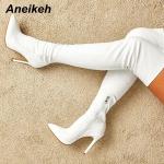 Botas altas blancas de caucho de otoño de punta puntiaguda con tacón más de 9cm con rayas talla 35 para mujer 