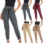 Pantalones clásicos grises de poliester de verano informales con lazo talla XXL para mujer 