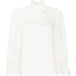 Blusas blancas de poliamida de seda  manga corta con cuello alto floreadas con volantes talla L para mujer 