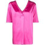 Blusas rosas de seda de seda  rebajadas manga corta con escote V XACUS talla XL para mujer 