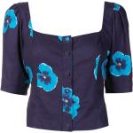 Blusas estampadas azul marino de seda manga corta con escote cuadrado floreadas con motivo de flores talla XXL para mujer 