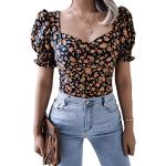 Camisetas deportivas de poliester manga corta con escote cuadrado vintage floreadas con motivo de flores talla XL para mujer 