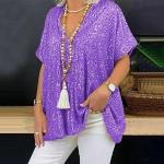 Camisas lila de popelín de manga corta tallas grandes manga corta con escote V informales con lentejuelas talla 3XL para mujer 
