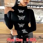 Blusas negras de poliester de manga larga tallas grandes manga larga con tachuelas con motivo de mariposa talla 3XL para mujer 