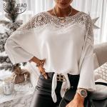 Blusas blancas de poliester de otoño tallas grandes con cuello redondo vintage de encaje con crochet talla XXL para mujer 