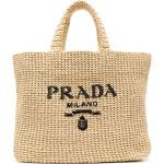 Bolsas marrones de paja de playa con logo Prada con crochet para mujer 