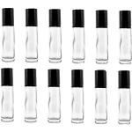 Botellas de vidrio vacías recargables de 0.33 onzas con tapa negra, perfectas para perfumes de aromaterapia, aceites esenciales, brillo de labios y más (paquete de 12)