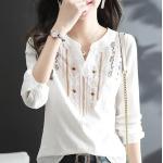 Camisas blancas de algodón de manga larga de otoño tallas grandes manga larga con escote V informales talla XXL para mujer 