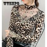 Camisas estampadas de poliester de primavera tallas grandes manga larga con cuello alto leopardo talla 3XL para mujer 