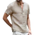 Camisas beige de lino de lino  manga corta con escote V informales talla L para hombre 