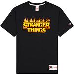 Camisetas estampada negras rebajadas Stranger Things con logo Champion talla S para mujer 