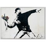 Cuadro sobre lienzo enmarcado - Banksy - Arte Street Art - Lanzador de flores - 70 x 100 cm - Estilo moderno blanco - (cod.1644)