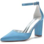 Zapatos azules celeste de satén de novia con tacón cuadrado con hebilla de punta puntiaguda con tacón más de 9cm formales talla 36 para mujer 