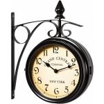 Reloj de Pared Estilo Retro Reloj de Cuarzo Vintage Doble Cara 2 Diales Soporte de Hierro Forjado Estilo Estación de Tren Negro - Deuba