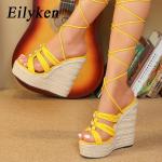 Sandalias amarillas de caucho de tiras con cordones para mujer 