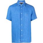 Camisas azules de lino de lino  rebajadas manga corta con logo Tommy Hilfiger Sport para hombre 