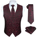 Enlision Chaleco de Vestir Negro-vino rojo Hombre Boda Jacquard Paisley Elegante Chalecos Traje Corbata y Pañuelo Floral de Fiesta XL