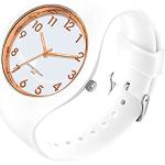 GBB Reloj analógico de cuarzo simple para mujer con correa de silicona, resistente al agua, deportivo, para mujer, Oro rosa blanco 6056