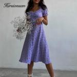 Vestidos informales lila de poliester de otoño con escote cuadrado vintage floreados talla L para mujer 