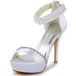 JIA JIA Zapatos de Novia de Las Mujeres 1294 Peep Toe Tacones Altos Sandalias de Plataforma de Satén Perla Zapatos de Boda Color Blanco,Tamaño 36