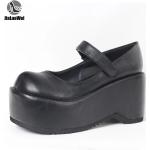 Sandalias negras de cuña de punta redonda con tacón más de 9cm vintage para mujer 