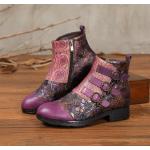 Botas lila de cuero de caña baja  de punta redonda vintage floreadas para mujer 