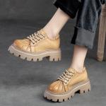 Zapatos beige de poliester con plataforma de otoño con cordones de punta redonda vintage para mujer 
