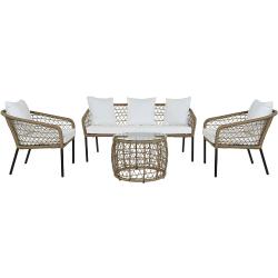 Juego de mesa con 3 sillones de ratán sintético de acero 137 x 735 x 665 cm (blanco) - DKD HOME DECOR