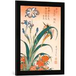 Kunst für Alle ' – Fotografía enmarcada de Katsushika Hokusai King Fisher, Irises and Pinks, de impresión handgefertigten imágenes de Marco, 40 x 60 cm, Color Negro Mate