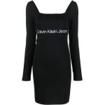 Vestidos negros de viscosa de manga larga rebajados manga larga con escote cuadrado con logo Calvin Klein Jeans para mujer 