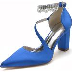 Zapatos azules de perlas de novia con tacón cuadrado de punta puntiaguda formales con perlas talla 38 para mujer 