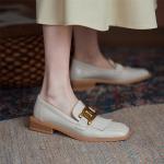 Zapatillas beige de cuero de piel de verano con tacón cuadrado de punta cuadrada talla 34 para mujer 
