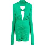 Vestidos verdes de algodón de fiesta rebajados manga larga con escote V fruncido para mujer 