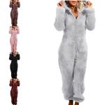 Pijamas polar grises de poliester de otoño tallas grandes manga larga con cuello redondo informales talla 3XL para mujer 