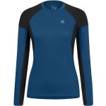 Camisetas interiores deportivas azules de poliester rebajadas de otoño con cuello redondo impermeables, transpirables perforadas Montura talla XS para mujer 