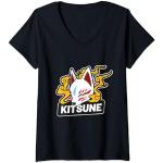 Mujer Kitsune - Máscara de zorro blanco frío con nube amarilla Camiseta Cuello V