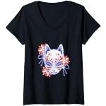 Mujer Máscara de zorro blanco azul estilo anime japonés con flor Camiseta Cuello V