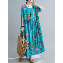 Vestido vintage de mujer con estampado floral y bolsillos a media pantorrilla, vestido suelto de manga corta con cuello redondo, talla grande, informal