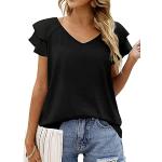 Camisetas deportivas negras de algodón manga corta con escote V transpirables con volantes talla XL para mujer 
