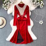 Vestidos rojos de terciopelo de cóctel de invierno maxi manga larga con perlas talla XXL para mujer 