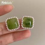 Pendientes verdes de perlas de botón vintage para mujer 