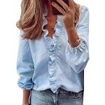 Blusas azules de gasa de manga larga de verano manga larga con escote V formales con volantes para mujer 