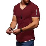 Camisetas deportivas granate de poliester manga corta con escote V transpirables informales talla XL para hombre 