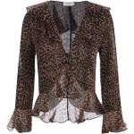 Camisas estampadas marrones de seda con escote V leopardo Saint Laurent Paris con volantes talla L para mujer 