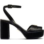 Sandalias negras de cuero con plataforma con tacón cuadrado con logo Prada con lentejuelas talla 40,5 