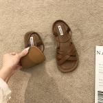 Sandalias marrones de cuero con plataforma de punta abierta vintage para mujer 