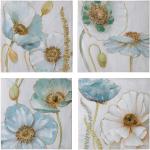 Set de 4 cuadros de flores con impresión sobre lienzo azules de 60x60 cm