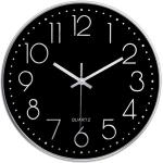 Taodyans 30cm Reloj de Pared de Cuarzo Que no Hace tictac silencioso Relojes Redondos Que Funcionan con Pilas Hogar Cocina Oficina Escuela Sala de Estar Decoración Relojes(Negro-Plata)
