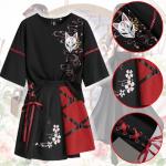 Traje de Lolita para mujer, camiseta Kawaii de manga corta con máscara de zorro, Top negro japonés Harajuku + traje de falda